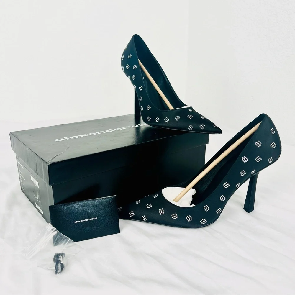 Alexander Wang Delphine Black Satin Crystal Logo Stiletto Pumps Heels 4” 39.5 - Picture 16 of 16